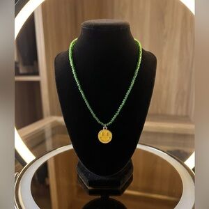 Vibrant Green Seed Bead Smiley Face Necklace Y2K Boho Chic Handcrafted Aesthetic